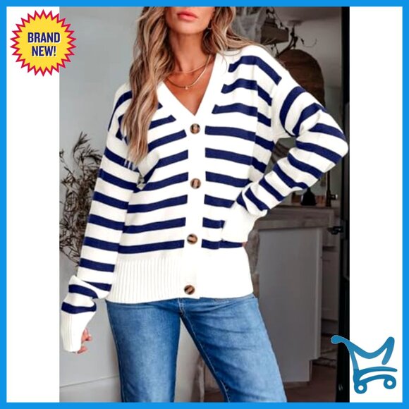 Lightweight Striped Cardigan V-Neck Open Front Button Down Sweater - Picture 2 of 7